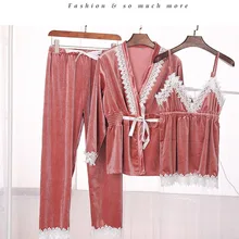 Сексуальный халат и платье наборы для женщин кружева золото бархат пижамы теплые зимние пижамы Женская домашняя одежда 3 шт. Удобный домашний костюм