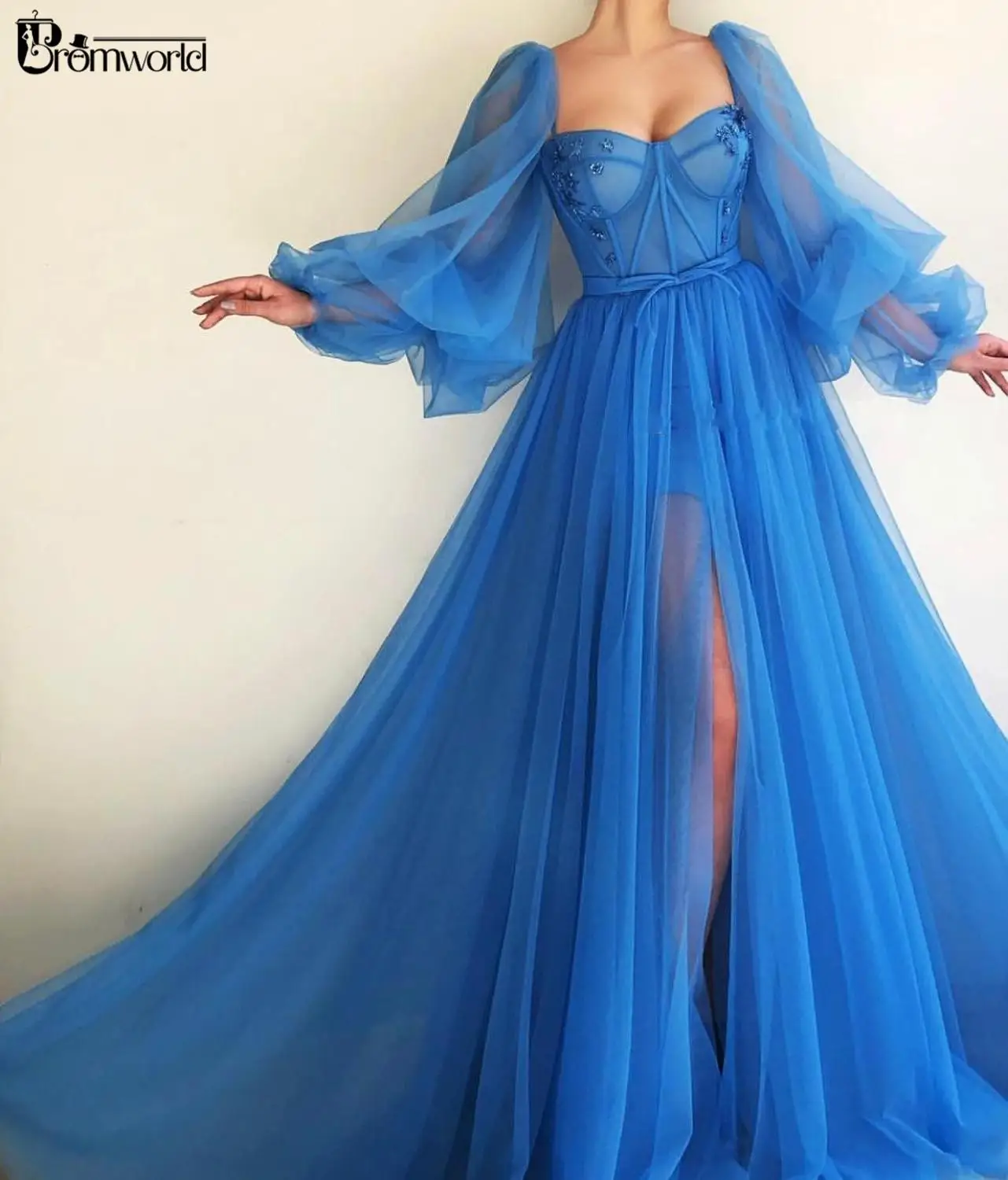 Последняя мода, пышное вечернее платье с длинным рукавом, вечерние сексуальные платья с Высоким Разрезом из тюля, сказочные синие платья для выпускного вечера, abiye gece elbisesi