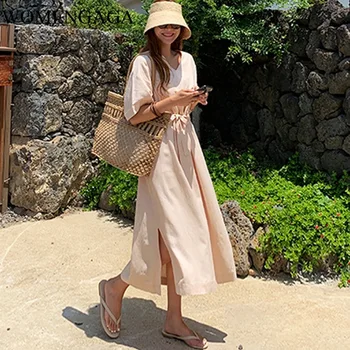 

2020 Summer New Fashion Womens Loose Casual Pink Yellow V Neck Girl Female Otton And Linen Dress Dresses T Shirt E028