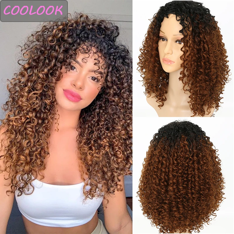 Peluca rizada Afro de 18 pulgadas para mujeres negras, pelo rizado Natural marrón, fibra sintética resistente al calor, Cosplay, rizos de Lolita