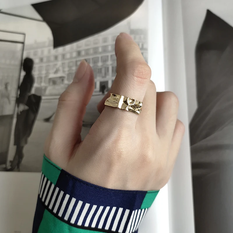 Peri'sBox шикарное Золотое кольцо с вмятинами для женщин 925 стерлингового серебра геометрические текстурированные кольца кольцо неправильной формы Регулируемая мода