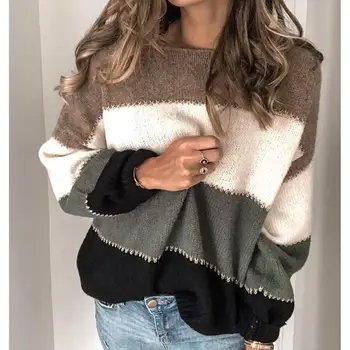 

2019 Women Autumn Plus Size Warm Sweater Pullover Patchwork Color Tops Jumper Female O-Neck Knitted Pullover
