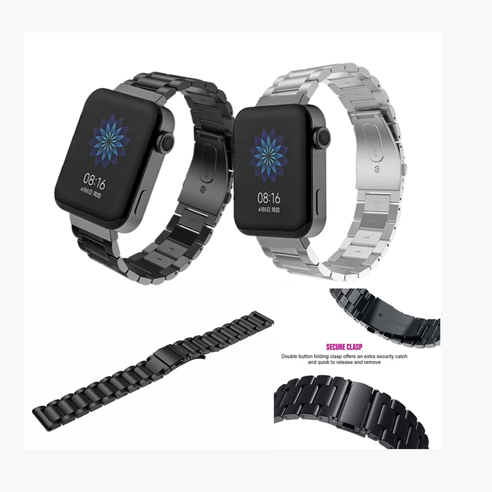 

For Xiaomi Mi Watch Strap Hig-End Metal Double Snap Three Beads Solid Steel Replacement Watch Band For Xiaomi Mi Watch