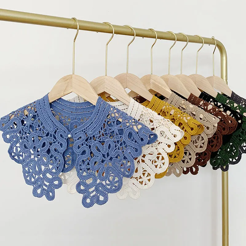 Vintage Shawl O-Neck Fake Collar Shirt Women Hollow Crochet Lace False Collar Detachable Woman Mesh Scarf Wrap Summer Thin Scarf