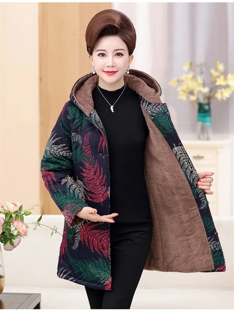 Женская пуховая хлопковая куртка для среднего возраста, зимнее бархатное теплое хлопковое пальто, куртка с капюшоном размера плюс, верхняя одежда 5XL 1726