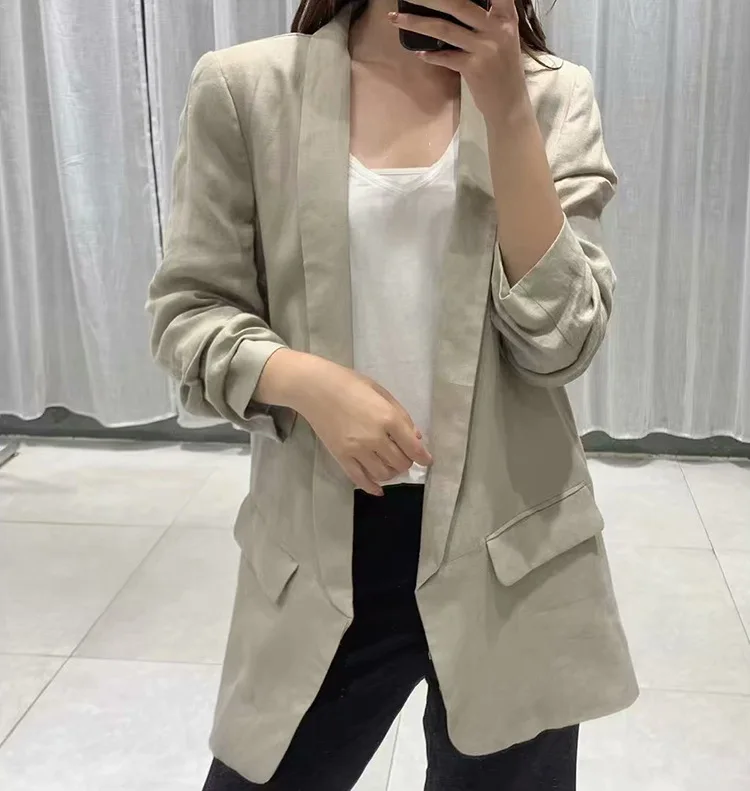 

Wg113 2019 Autumn New Style zhe zhou xiu Pocket-Accent Flax Casual Suit WOMEN'S Coat