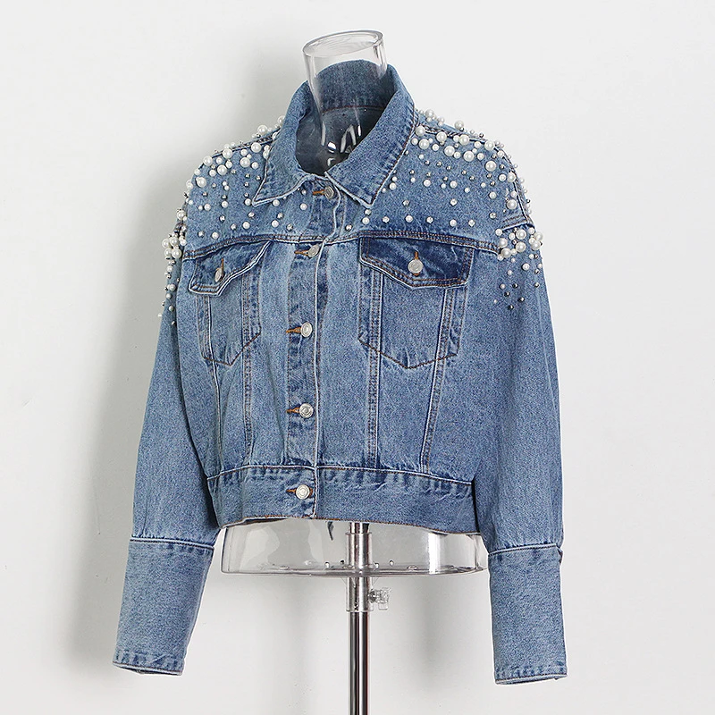 ECRURANI Blue Casual Patchwork Jacket For Women Lapel Collar Long Sleeve Pockets Button Jackets Female Fashion Clothing 2021 New