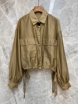 

2020 Spring and Summer New Women's Lapel Symmetrical Pocket Decorative Drawstring at Hem Long Sleeve Short Shirt 627