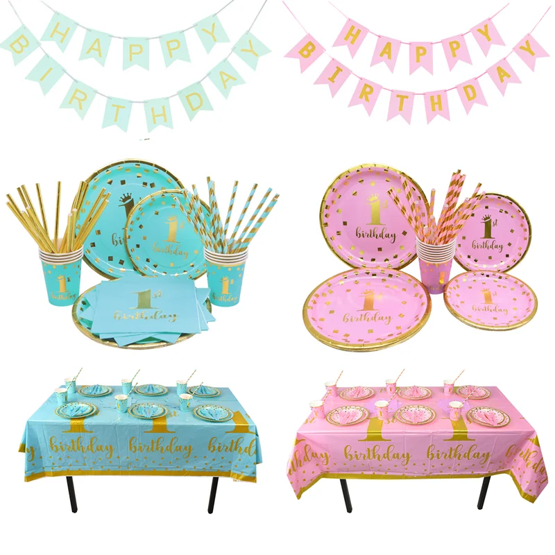 

1st Birthday Party Supplies Pink Blue Paper Plates Cups Straws Disposable Tableware Banner Gender Reveal Baby Shower Party Decor