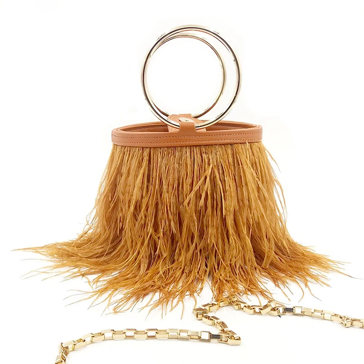 Ostrich Feather Bucket Handbag for Women Luxury Fashion Purses and - Main Image