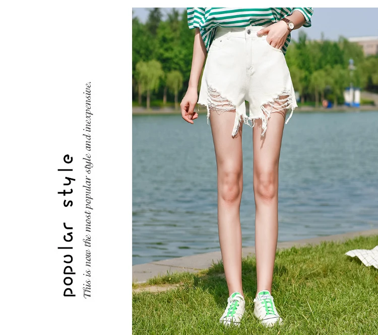 359# черные и белые джинсовые шорты с рисунком для фотосессии, женские летние шорты в Корейском стиле для студентов с высокой талией, нестандартные шорты с дырками