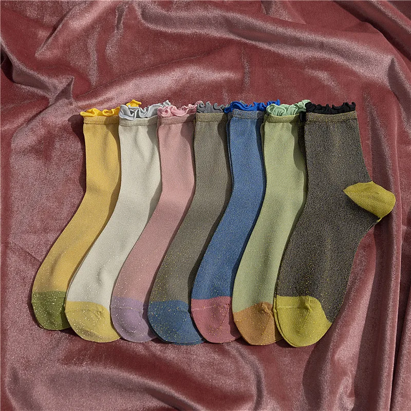 

2020 Spring Fashion Shine Hemming Thin Women Socks Patchwork Color Breathable Casual Socks For Female Original Hipster Sox