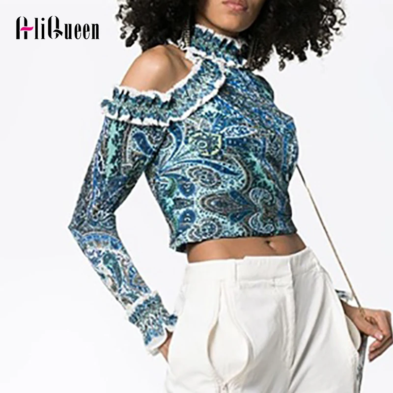 

2019 Autumn Runway Blouse Women Vintage Snake Print Stand Collar Long Sleeve Off Shoulder Ruffles Crop Tops Shirt