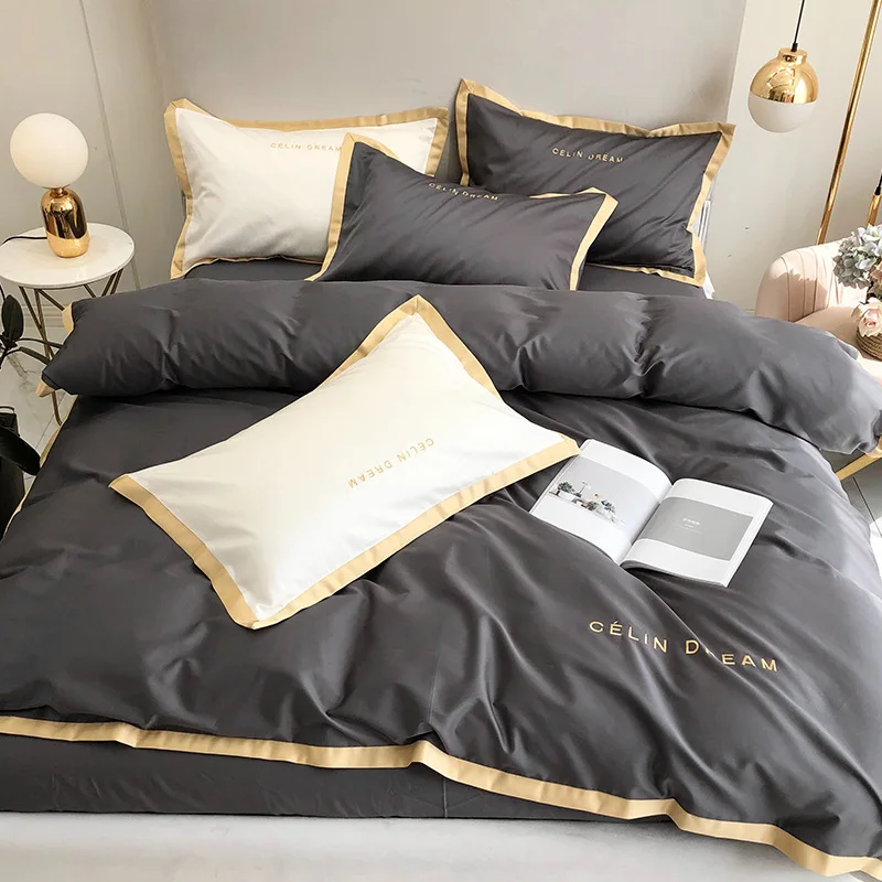 Embroidered European and American style simple color matching bedding 60 cotton bedding four-piece set 