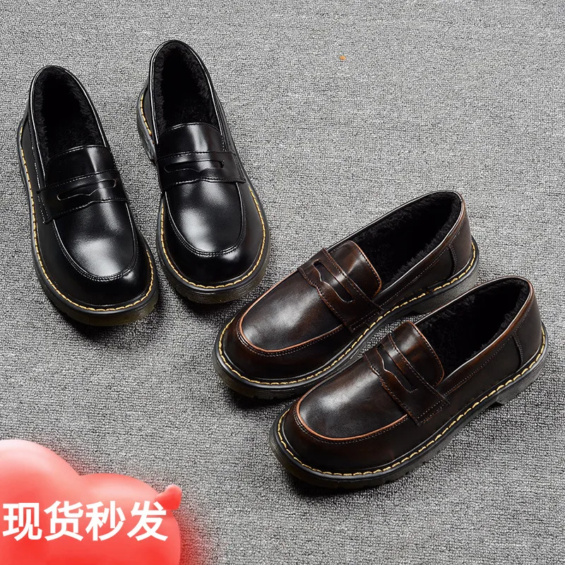 

Winter New Style England Retro plus Velvet Slip-on Small Leather Shoes Harajuku Mori Girl Love Students Warm lolita Shoes Women