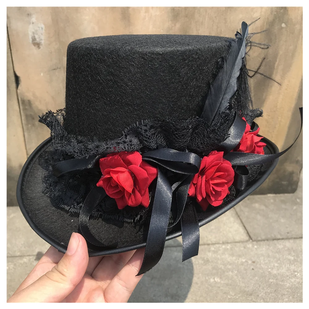 Women New Retro Handmade Steampunk Top Hat With Flowers and Lace Ribbon Stage Magic Hat Size 57CM