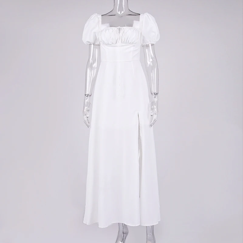 NewAsia Puff Sleeve White Dress Off Shoulder Cut out Tie up Side Split Ruched Long Dress robe femme Summer Dress for Women 2021