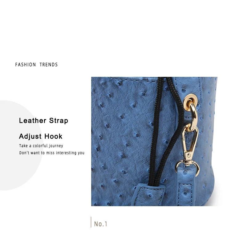 Fashion Blue Ostrich Leather Bucket Bags For Women Small Shoulder Messenger Bag Sexy Snake Cute Tote Purse