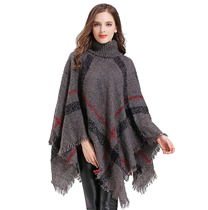 Теплая шаль для спорта на открытом воздухе, Boho, свободное пончо в клетку с кисточками, джемпер с высоким воротом, вязаный пуловер большого размера, свитер, топы для женщин