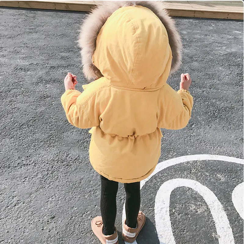 Детская одежда зимняя меховая куртка для маленьких девочек от 1 до 7 лет, теплое плотное Детское пальто с капюшоном и хлопковой подкладкой