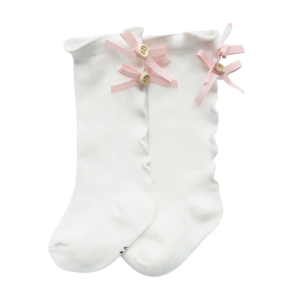 1 пара, гетры с бантиком, кружевные, однотонные, милые, для малышей, для детей, до колена, для новорожденных, хлопок, смесь длинные носки для маленьких девочек, для дома - Цвет: Белый