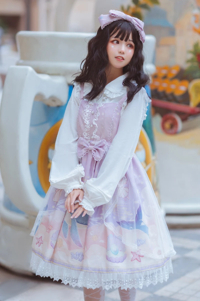 

Sakura Lolita Whale Long Sleeve Dress Cute vintage lace bowknot peter pan collar high waist victorian dress kawaii girl gothic