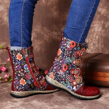 Socofy, botas para Mujer, estampado Retro, hebilla de Metal, cuero genuino, con cremallera, Botines, zapatos de moda para Mujer, Botines para Mujer 2020