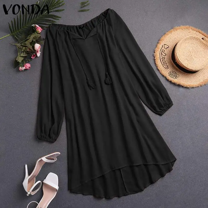 VONDA/платье с длинными рукавами-фонариками, женское,, сексуальное, до колена, короткое свободное платье, пляжный сарафан с кисточками, халат для беременных - Цвет: Черный