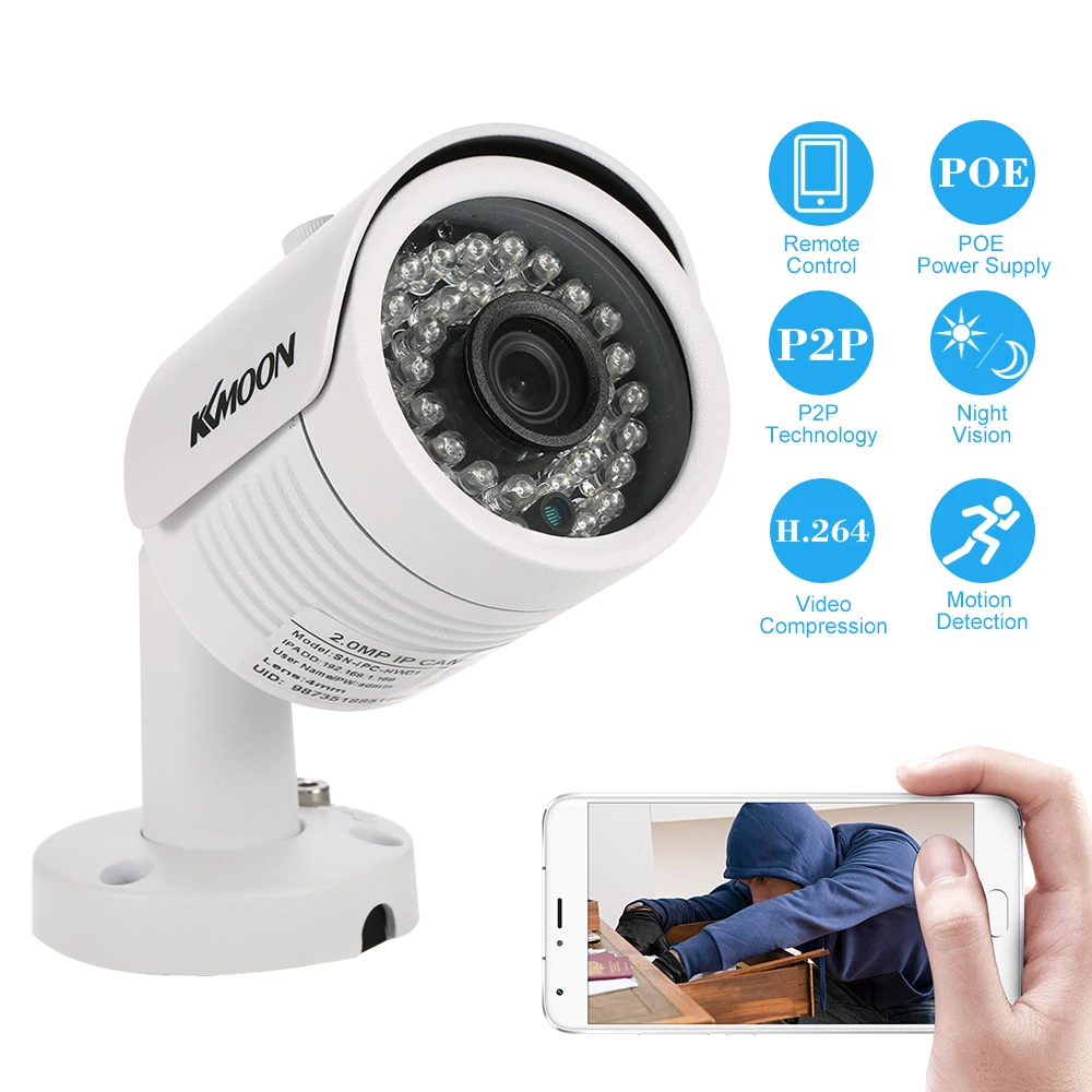 

KKmoon 1080P HD POE IP Camera 2.0MP 4mm 1/2.9 for Sony CMOS H.264 P2P Onvif 36 IR LEDS Night View IR-CUT Motion Detection