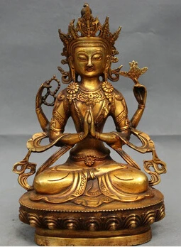 free shipping&lt&lt&lt&lt12&quot Chines Folk Bronze Gilt 4 Arms Chenrezig Buddha Kwan-Yin Bodhisattva Statue |