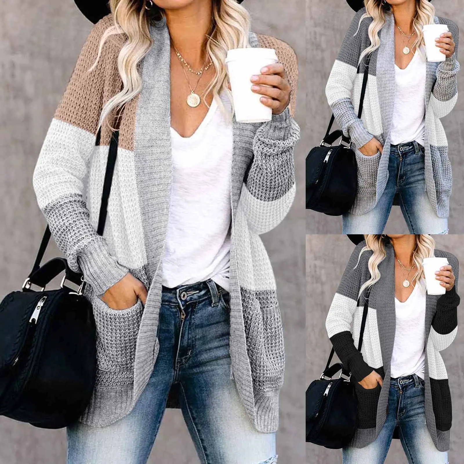 

Fashion Womens Long Sleeve Open Front Cardigans Chunky Knit Draped Sweaters Outwear with Pockets Autumn Winter Knitted 2022#