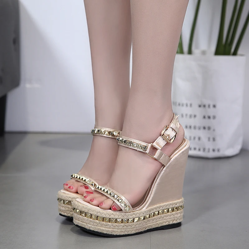 Gold Ladies Sandals Platform Sandals Women Shoes Summer High Heels Shoes Ankle Strap Chaussures Femme Rivet Wedges Shoes