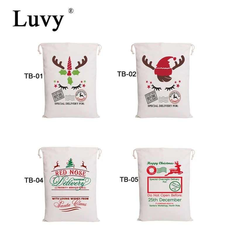 

Luvy 100pcs Santa Sacks Wholesale Christmas Bag 6 Styles Drawstring Canvas Bag Big Santa Claus Kids Party Bags Christmas Gift