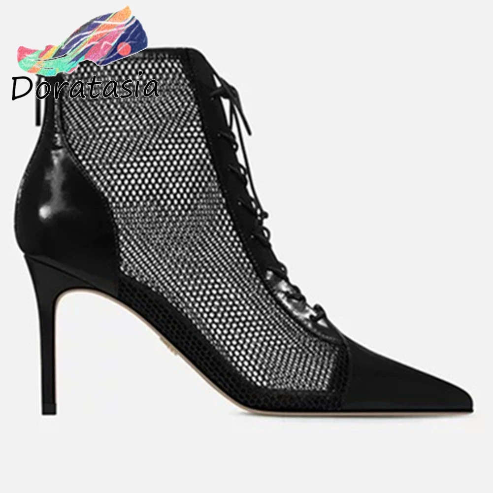 

DORATASIA Fashion Girl Pointed Toe Hollow High Heel Lace Up Zipper Ankle Boots Summer Boots Women 2020 Casual Shoes Woman