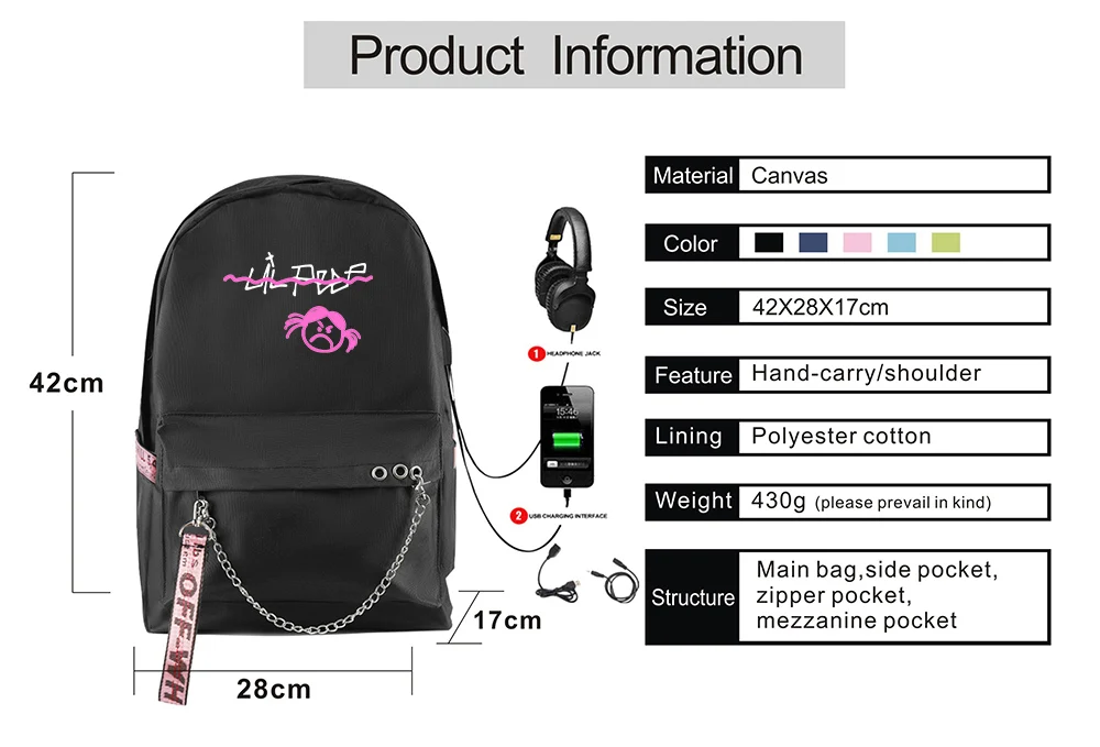 Новая мода Rap Lil открытый рюкзак Usb Перезаряжаемый школьный женский рюкзак на плечо дорожная сумка с принтом в стиле хип-хоп сумка для девочек-подростков