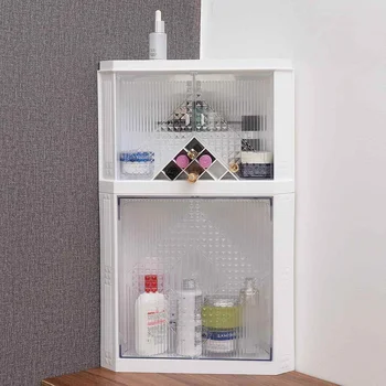 

Transparent Rotating Triangle Plastic Makeup Organizer Shelf Kitchen Bathroom Bedroom Dustproof Desktop Cosmetic Storage Box