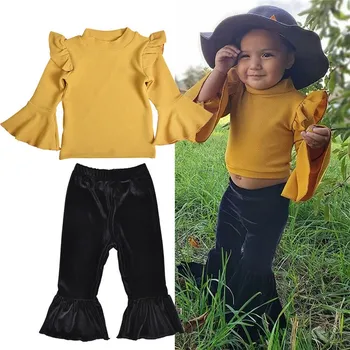 

1-5Y Toddler Kids Girls Autumn Ruffle Knitted Long Sleeve Tops T-shirt Bell Bottom Velvet Pants Outfits Baby Clothes 2Pcs Set