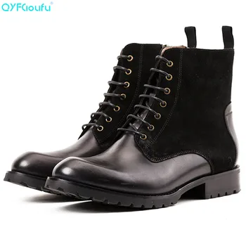 

QYFCIOUFU New 2019 High Top Winter Shoes Men Genuine Leather Chelsea Boots Brogue Ankle Motorcycle Boots For Male Botas Militar