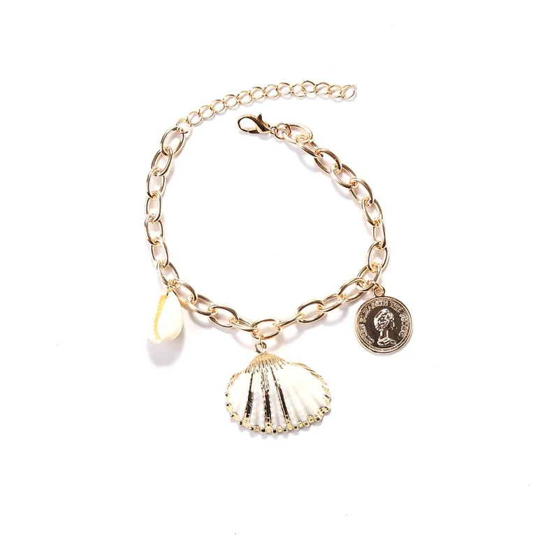 

Punk shell coin Pendant Bracelets Bangles seashell Fashion Alloy Carved Thick Chain Bracelet Couple Jewelry 2019