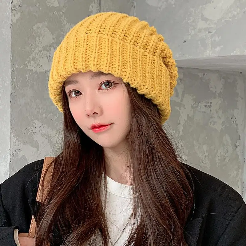 

Winter Knitted Hats Women Beanie Hat Warm Cuff Beanies For Girls Oversize Loose Knitting Thick Vogue Ladies Female Big Size Bone