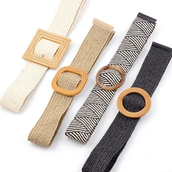 

New PP grass woven belt women belt female round buckle fashion casual decoration wild pants elastic belt