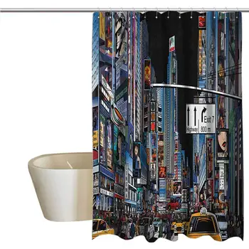 

City Cool Shower Curtain Rustic Cartoon Style New York Night Scene Advertisements Crowded Streets Taxis Highway Exit Bathroom