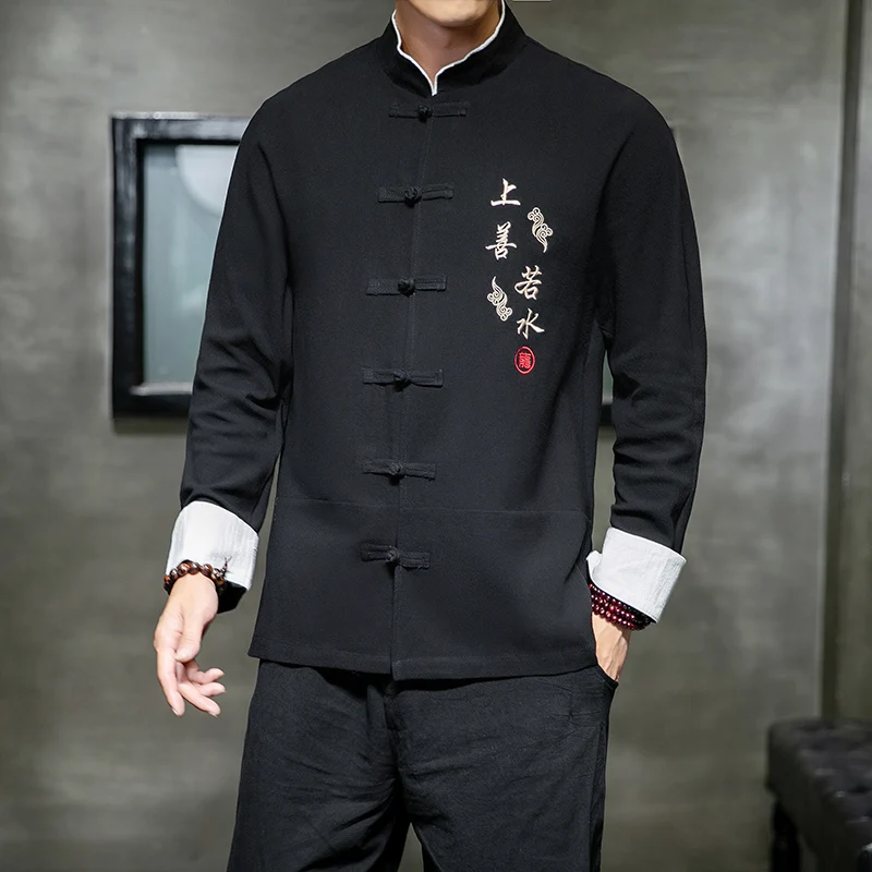 Sinicism Store мужские рубашки большого размера в китайском стиле мужские s свободные модные рубашки с вышивкой мужские рубашки с воротником-стойкой и пряжкой - Цвет: Black(Asian Size)