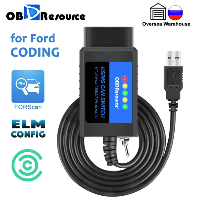 OBDResource ELM327 USB V1.5 FORScan pour Ford Mazda Lincoln Mercure Codage ELMconfig FoCCCus Commutateur HS MS CAN F150 F250 F350 F450 