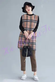 

HOT SELLING Miyake Fashion fold three quarter sleeve patchwork lattice o-neck dress IN STOCK