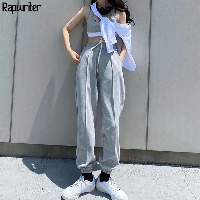 

Rapwriter Summer Casual Drawstring High Waist Pants Gray Streetwear Joggers Women korean Style Sweatpants Capri Trousers Bottom