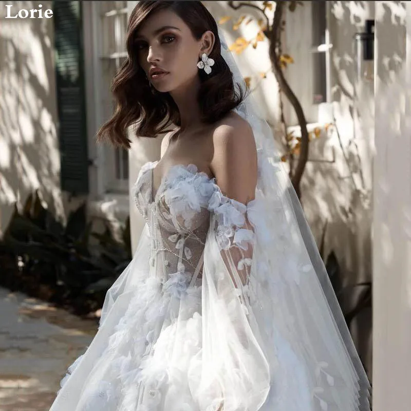 LORIE Sexy Lace Wedding Dress Puff Sleeve Sweetheart Bridal Dress Elegant 3D Flowers Robe de soiree Wedding Ball GownsCustomized 3