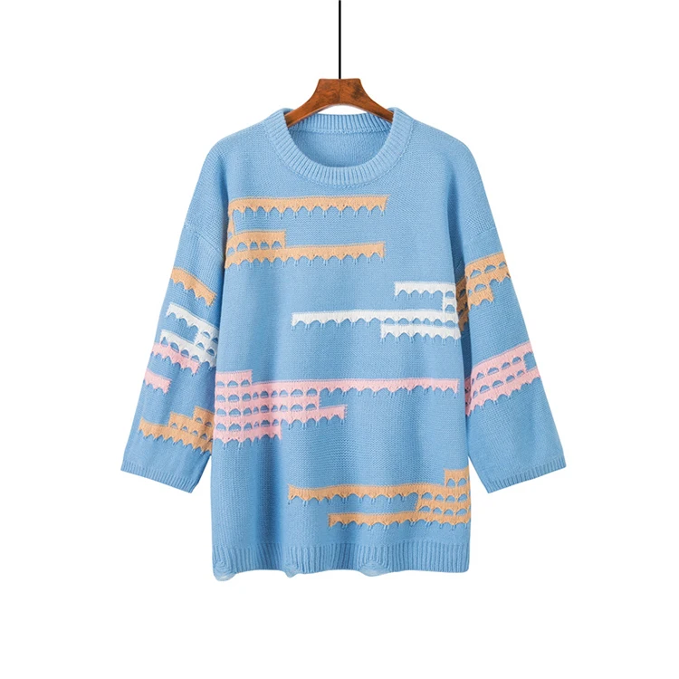 Trytree Winter Women Casual Sweater O-neck Lantern Sleeve Computer Knitted Geometric Knitted Loose Office Lady Sweater Top