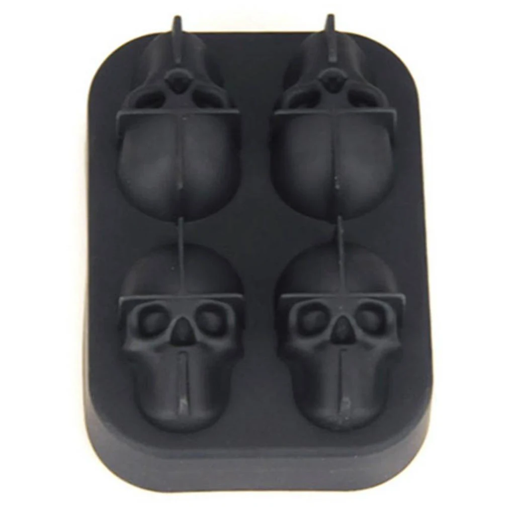 3D Skull Flexible Silicone Ice Cube Mold Tray Makes 4 Giant Skulls Round Ice Cube Maker Black