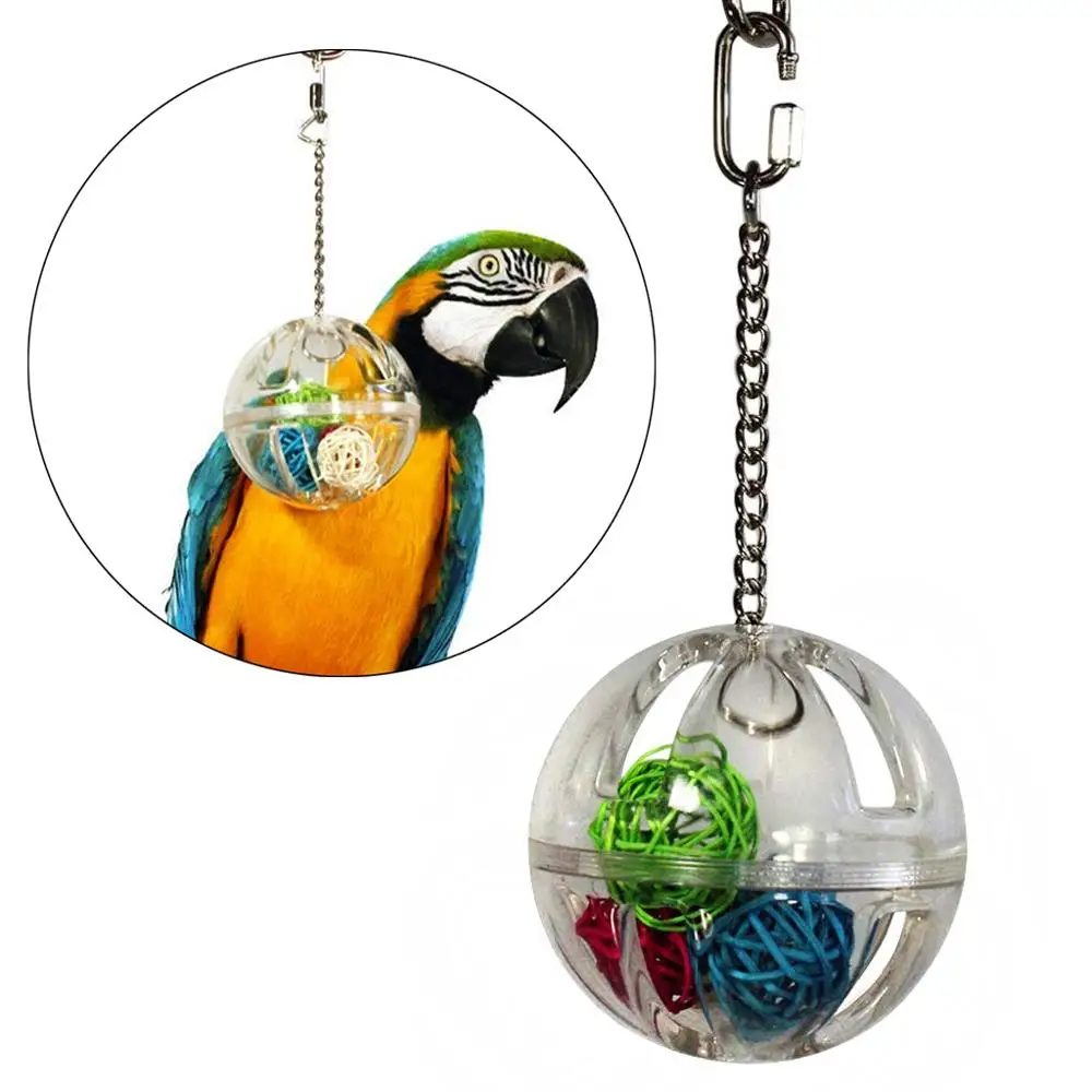 Juguete masticable para loros, Bola de forrajeo colgante con bolas dentro de la jaula de pájaro, soporte acrílico